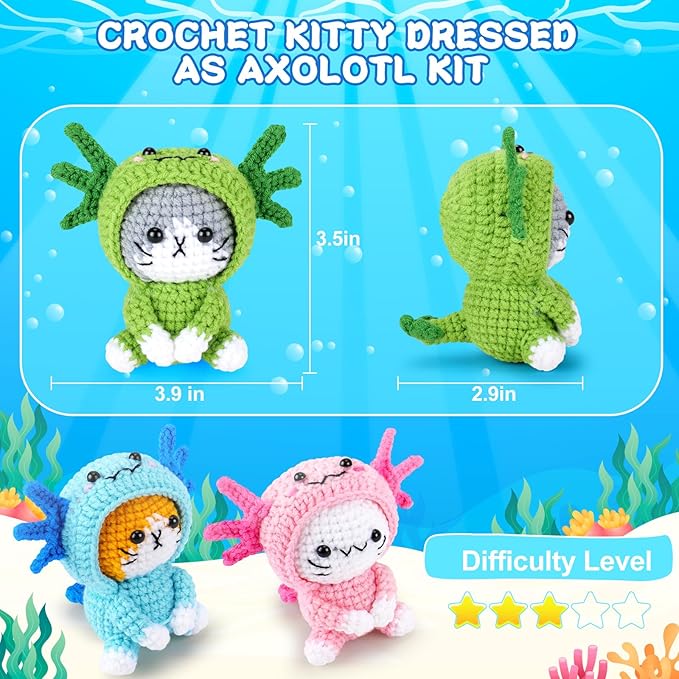 Crochet Kit for Beginners - 3 PCS Axolotl Cat Crochet Kits with Step-by-Step Video Tutorials, Beginner Crochet Kit for Adults, Crochet Cat Dressed as Axolotl Set (Blue & Green & Pink)-CubbioJoy