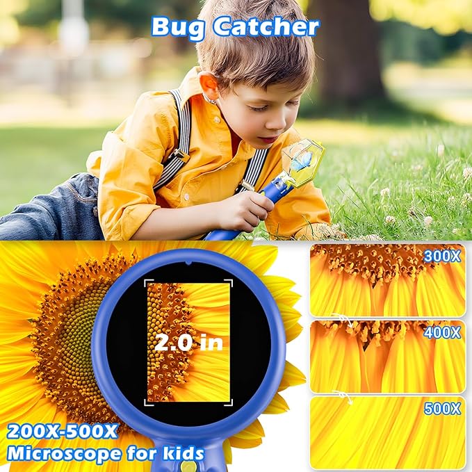 2 in 1 Kids Microscope with Bug Catcher,HD 500X Digital Microscope for Kids with 2" Screen,Photo and Video,STEM Educational Science Kit Learning Toys for Age 3-12 Girls & Boys Birthday Gifts (Blue)-CubbioJoy