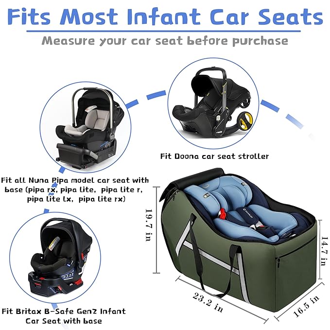 Infant Car Seat Travel Bag for Airplane Compatible with All Nuna Pipa Car Seat and Base,Chicco KeyFit 30 and Base, Padded Car Seat Bags for Air Travel,Car Seat Gate Check Bag with Side Pocket, Green-CubbioJoy