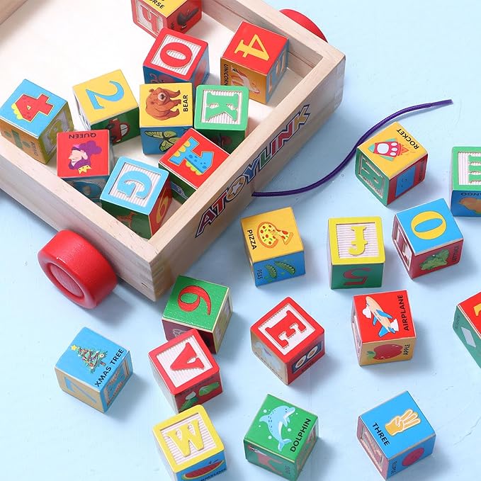 Atoylink ABC Wooden Building Blocks for Toddlers 1-3, 30 Pcs Alphabet & Number Stacking Toys with Storage Pull Toy Car Learning & Education Montessori Toys for 1 2 3 Year Old Baby Boy Girl Gifts-CubbioJoy