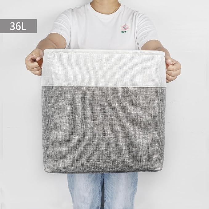 13x13 Cube Storage Bins, Collapsible Fabric Storage Box, 4 Pack Closet Baskets with Handles for Organizing, Shelf, Toys, Clothes, Home, Office, Nursery (Grey&White)-CubbioJoy