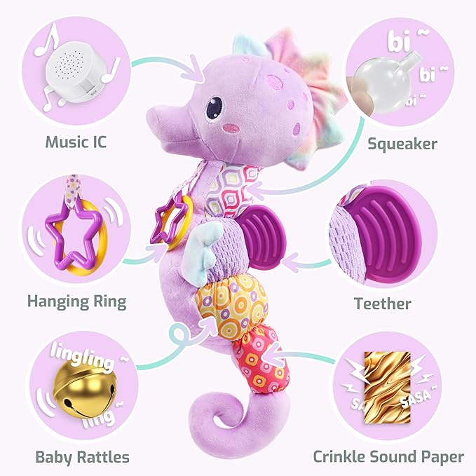Sumobaby Infant Baby Musical Stuffed Animal Activity Soft Toys with Multi-Sensory Crinkle, Rattle and Textures, for Tummy Time Newborn 0-3-6-12 Months Boys, Girls, Seahorses, Purple-CubbioJoy