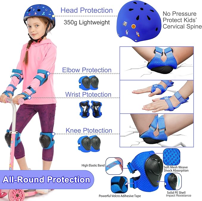 Kids Bike Helmet with DIY Stickers and Knee Pads Elbow Pads Wrist Guard Set for Ages 3-8-14 Toddler Boys Girls Helmet for Roller Skates Cycling Skateboarding Bicycle Scooter-CubbioJoy
