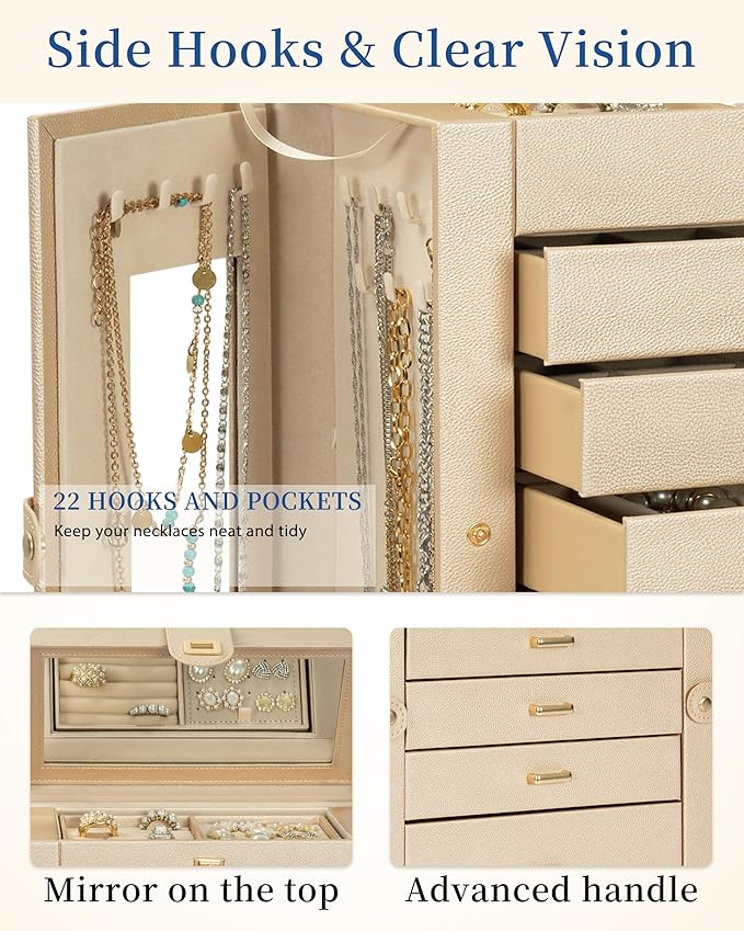 AKOZLIN Jewelry Box 360° Rotating 6-Tier Functional Jewelry Storage Case Organizer for Women Girls Ring Necklace Earring Bracelet Holder with Mirror-CubbioJoy