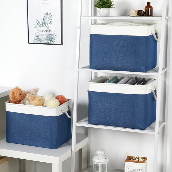Bidtakay Large Storage Baskets for Shelves 3 Pack Fabric Storage Bins for Organizing Navy Blue Decorative Baskets Linen Collapsible Organizer for Closet-CubbioJoy