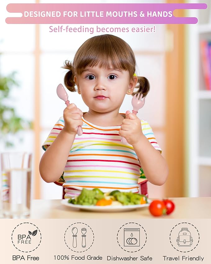 Deejoy Toddler Utensils with Travel Case, Baby Spoons and Forks Set for Self Feeding, Silicone Bendable Handle, Easy Grip Heat-Resistant, Self-feeding Flatware Sets for Kids (Stage 2) Pink-CubbioJoy