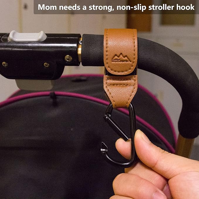 Baby Stroller Hooks Bag Hooks for Hanging Diaper Bags Multipurpose Hooks for Grocery Shopping Bags Premium Vegan Leather Pram Straps 2 Pcs (Brown)-CubbioJoy