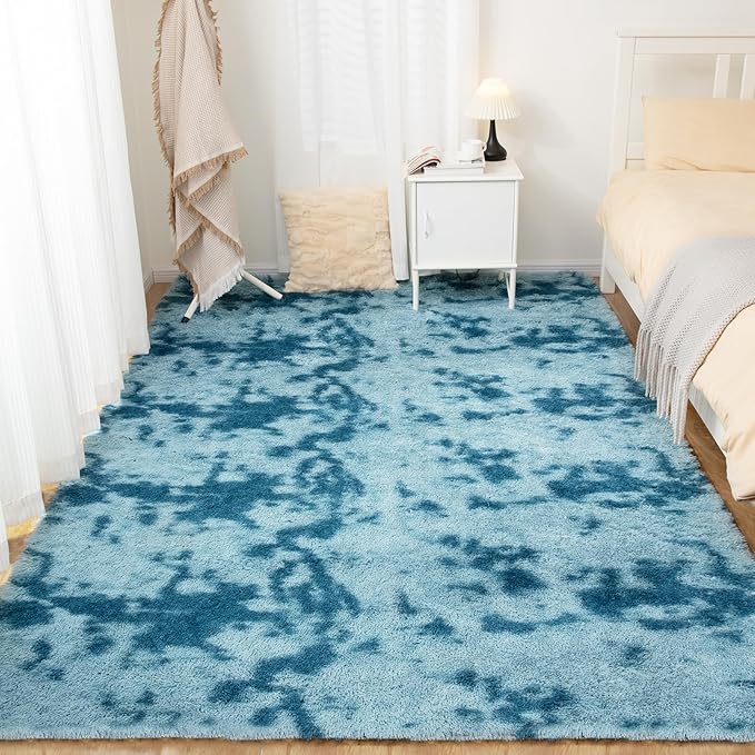 Area Rugs 9x12, Fluffy Rugs for Living Room, Ultra Soft Rugs for Bedroom, Non-Slip Indoor Carpet for Nursery, Kids Room, Playroom, Home Decor, Tie-Dyed Blue-CubbioJoy