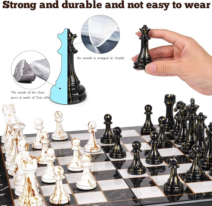 15" Large Chess Set for Adults with Weighted Acrylic Chess Pieces 3.5" King & Portable Folding Marbling Wooden Chess Board Travel Chess Sets Family Board Game Gift – Elegant Classic Chess Game-CubbioJoy