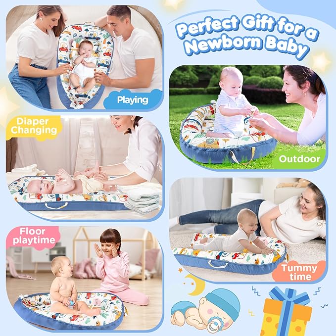 Baby Lounger - Baby Lounger for Newborn 0-24 Months, Breathable and Soft Cotton Cover Baby Nest, Portable Cozy Tummy Time Lounger for Home and Travel, Ideal Baby Essentials & Shower Gifts-CubbioJoy