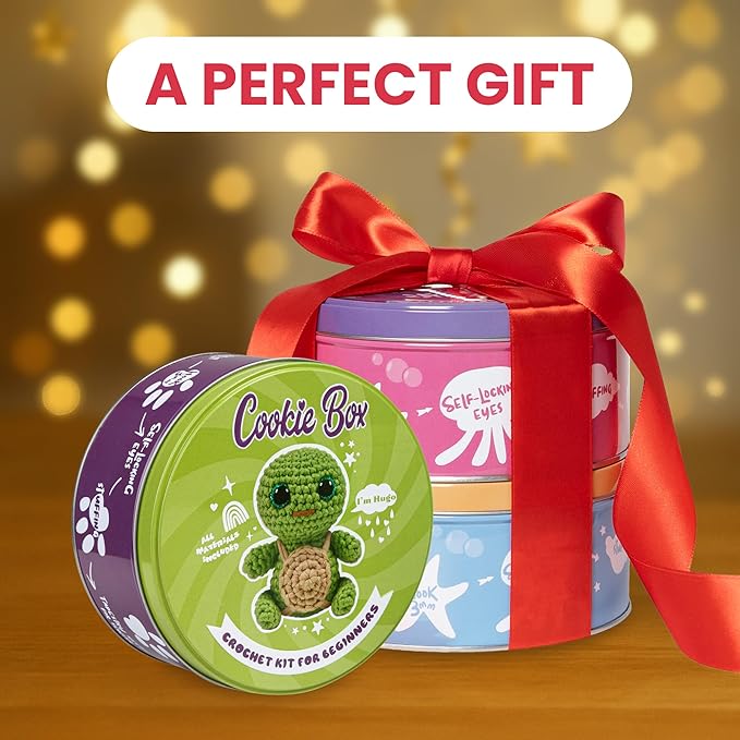 Cookie Box Crochet Kit for Beginners - Learn to Craft Amigurumi Stuffed Animals - Knitting Gift for Kids and Adults - Beginner-Friendly Yarn - Stitch-by-Stitch Video Tutorial - Turtle Hugo-CubbioJoy