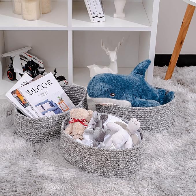 Baskets to Store Organize Household Items/Cute Basket&Bin for Shelf Storage Woven Rope Basket for Living Room, Bedroom,Play room/13x8.66x5.11’’ Cotton Rope,Durable&Stylish,Oval 3 Packs Gray-CubbioJoy