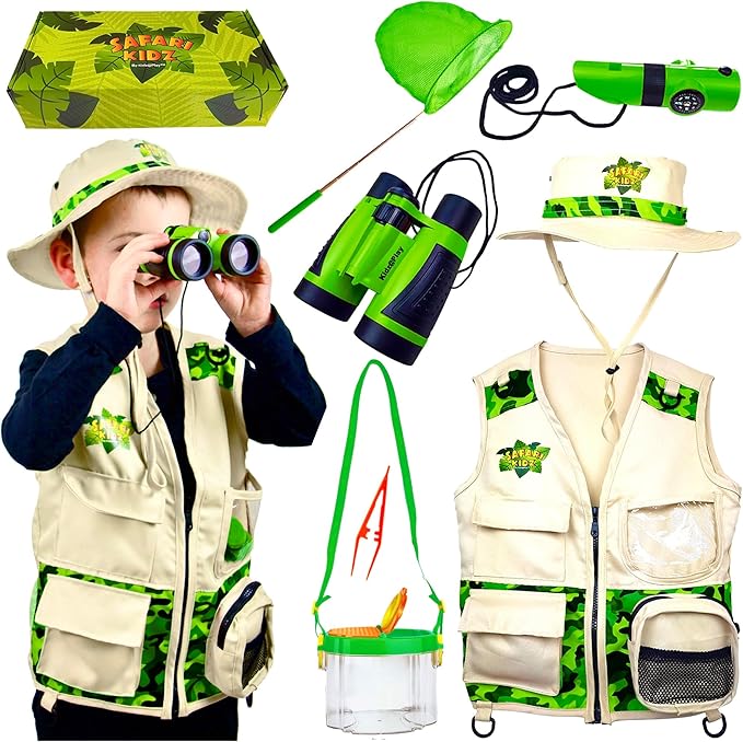 Bug Hunting Kit, Green Safari Vest, Hat, Binoculars, Lg. Butterfly Net, Bug Container, Whistle, Flashlight, Magnifier, Thermostat, Compass, Age 3+-CubbioJoy