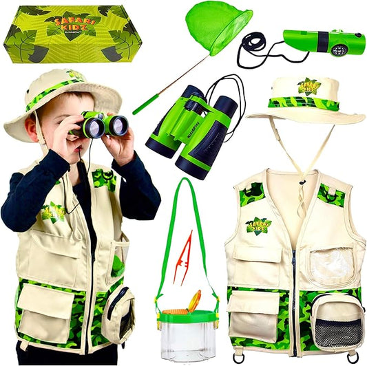 Bug Hunting Kit, Green Safari Vest, Hat, Binoculars, Lg. Butterfly Net, Bug Container, Whistle, Flashlight, Magnifier, Thermostat, Compass, Age 3+-CubbioJoy
