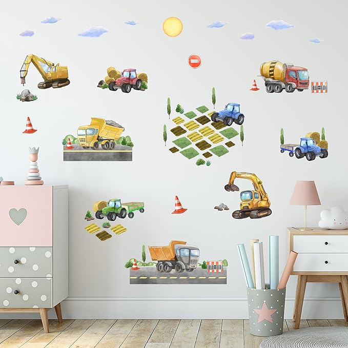 Construction Truck Wall Decals for Boys- Peel and Stick Road Vehicle Stickers for Room, Nursery, Playroom - Removable Wall Decor with Excavators, Tractors, Cars for Kids, Toddlers, Babies -S Size-CubbioJoy