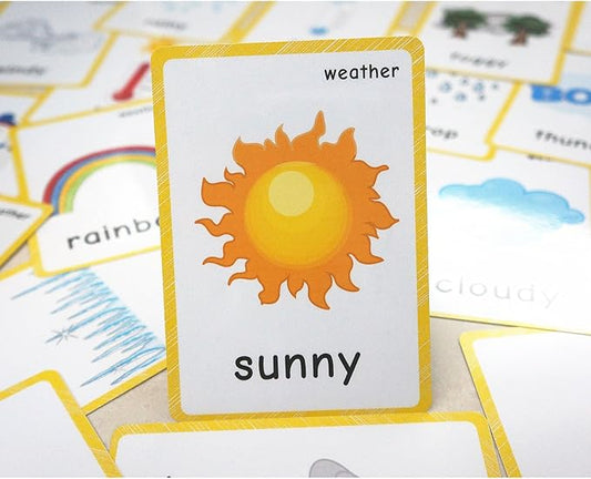 22 Weather Flash Cards(pre k flashcards) - Classroom Decorations and Early Learning Kindergarten Teacher Tools - Flash Cards Hole Punched - with 1 Ring -So You Can Sort and Organize The Cards Easily-CubbioJoy