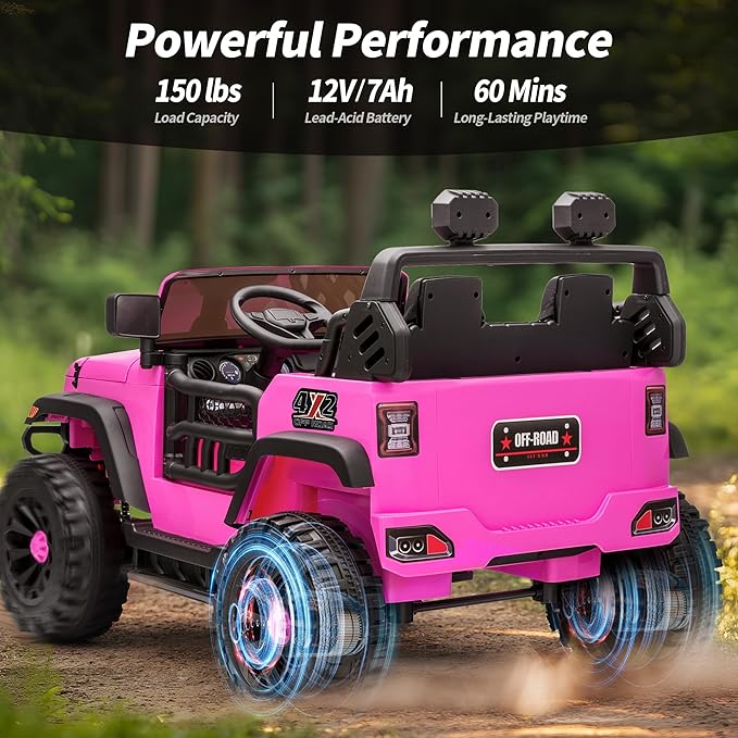 2 Seater Ride on Car Truck, 12V Kids Electric Ride on Toy for Big Kids Age 3-8 w/Remote Control- Hot Pink-CubbioJoy