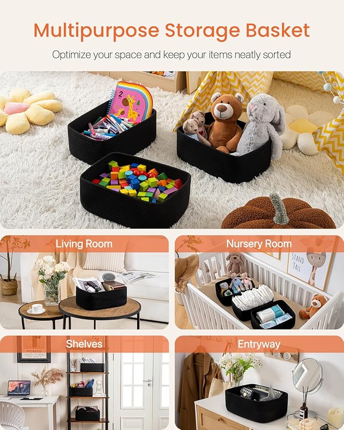 KALLAX Small Woven Basket, 13.5 x 9.5 x 5 Inches, Storage Basket for Organizing, Cute Small Rope Shelf Closet Cube Storage Bins Baskets for Shelves, Dog Toy Gift Baskets Empty, 3 Packs, Black-CubbioJoy