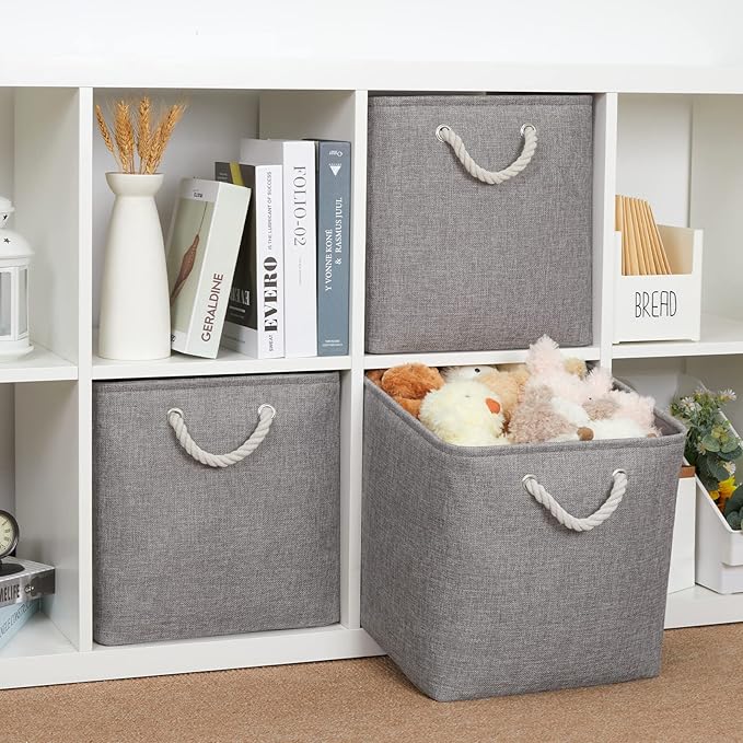 Bidtakay Grey Baskets Foldable Storage Cube Bins 13x13x13 Cube Storage Organizer Closet Set of 3 Fabric Storage Baskets for Home Office Large Baskets for Nursery Baby Toy Storage-CubbioJoy