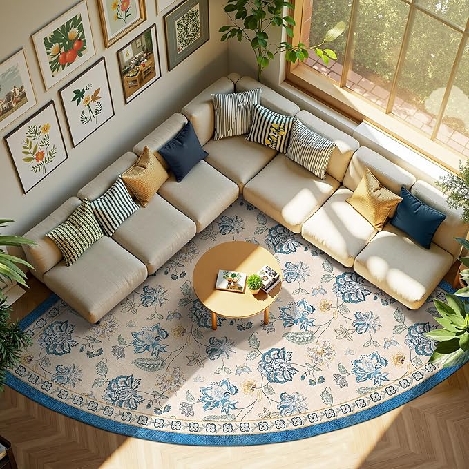 jinchan Floral Corner Rug for Living Room Washable Bedroom Rug Vintage Romance Design Non Slip Quarter Circle Lightweight Low-Pile Throw Carpet for Reading Nook Playroom,7ft Radius, Blue/Beige-CubbioJoy