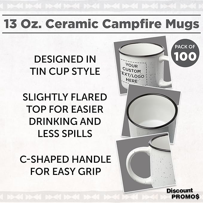 DISCOUNT PROMOS Custom Ceramic Campfire Coffee Mugs 13 oz. Set of 100, Personalized Bulk Pack - Perfect for Tea, Espresso, Cappuccino, Hot Cocoa - White-CubbioJoy