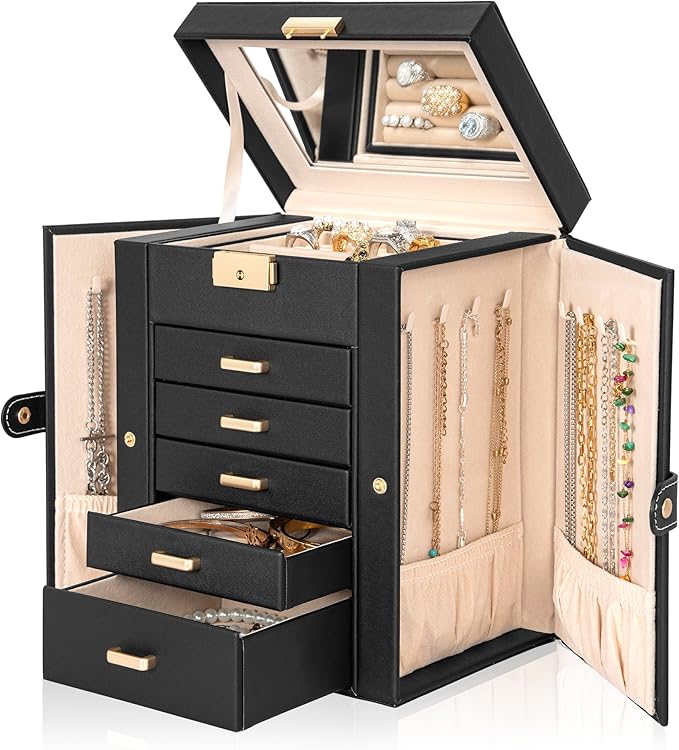AKOZLIN 6-Tier Jewelry Box Lockable Leather Jewelry Storage Case with 5 Drawers for Women Girls Ring Necklace Earring Bracelet Holder Organizer with Mirror-CubbioJoy
