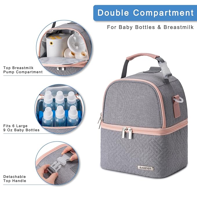 Breastmilk Cooler Bag with Ice Pack Fits 6 Baby Bottles up to 9 Ounce, Breast Milk Pump Cooler Bag with Shoulder Strap for Nursing Mom Daycare, Work, Travel- Grey-CubbioJoy