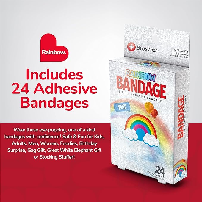 BioSwiss Bandages, Rainbow Shaped Self Adhesive Bandage, Latex Free Sterile Wound Care, Fun First Aid Kit Supplies for Kids, 24 Count-CubbioJoy