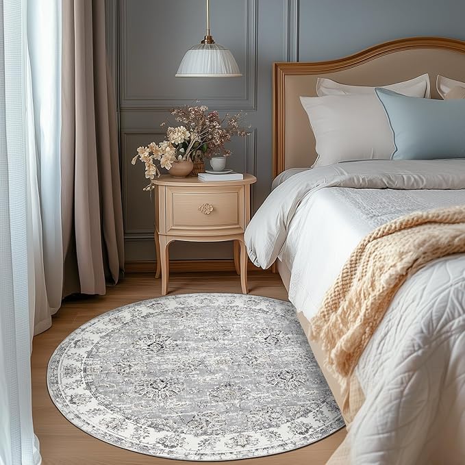 jinchan Round Rug 5ft Area Rugs Vintage Floral Distressed Design - Machine Washable Non-Slip Low-Pile Ultra-Thin Circle Rug for Entryway Bedside Living Room Dining Room Bedroom (5' Round,Grey)-CubbioJoy