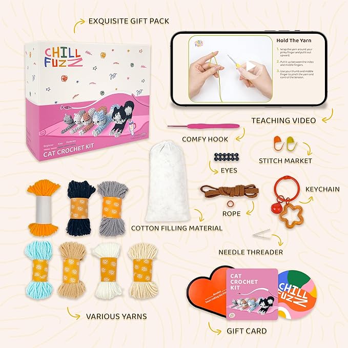ChillFuzz Animal Crochet Kit Beginner Crochet Kit for Adults and Kids with Yarn Hook and Instructions Fun DIY Craft Gift Yoga Cat-CubbioJoy