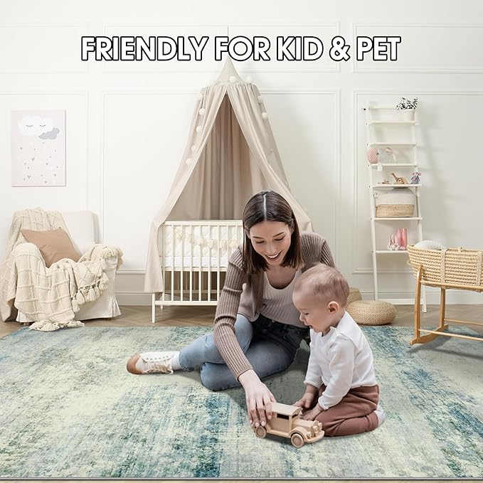 Area Rug 9x12 Washable Rugs: Abstract Large Living Room Rugs with Non-Slip Backing, Thin Carpet for Dining Room Table Bedroom Nursery Indoor Home Office-Blue/Gray-CubbioJoy