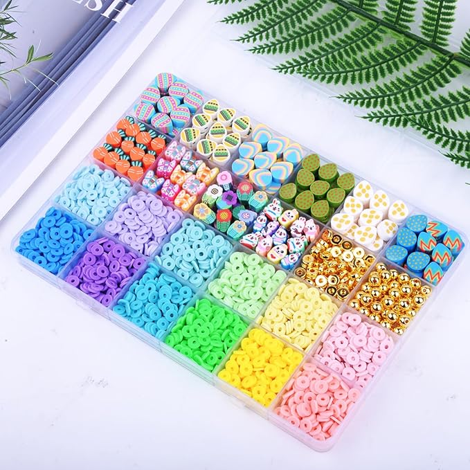 2480pcs Easter Polymer Clay Beads Bracelet Making kit, 24 Style Cute Fun Beads Charms for Jewelry Necklace Earring Making DIY Accessories for Women Girls-CubbioJoy
