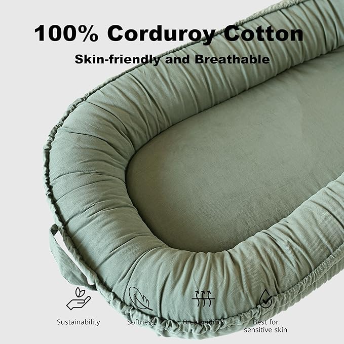 Infant Lounger, Baby Nest Cover for Baby Girls & Boys, Newborn Essentials for Baby 0-18+ Months, 100% Cotton Breathable (Sage Green, Corduroy)-CubbioJoy