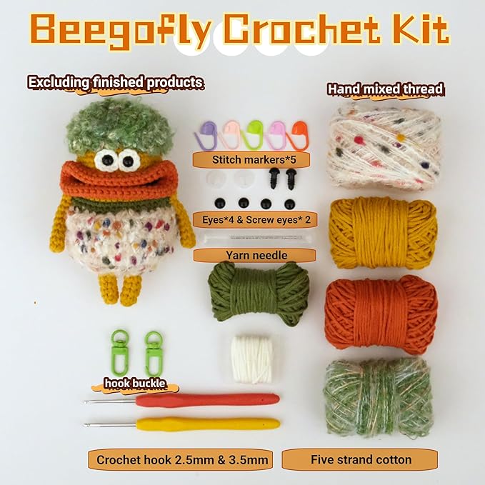 Beegofly Crochet Kits, Crochet Monsters Kit for Experienced Adults and Kids,with Step-by-Step Video Tutorials,Airpods Storage Bag,Handmade Gift,Original Sausage Mouth Monster Egg Bags (Orange)-CubbioJoy