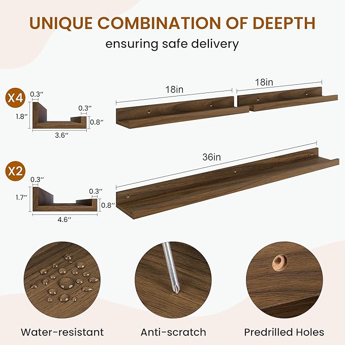 Axeman Picture Ledge Shelf, Floating Shelves for Wall Decor Storage Set of 6, 36 inch Floating Wall Mounted Shelves, Wall Shelves with Lip for Living Room, Bedroom, Nursery, Bathroom, Kitchen, Walnut-CubbioJoy