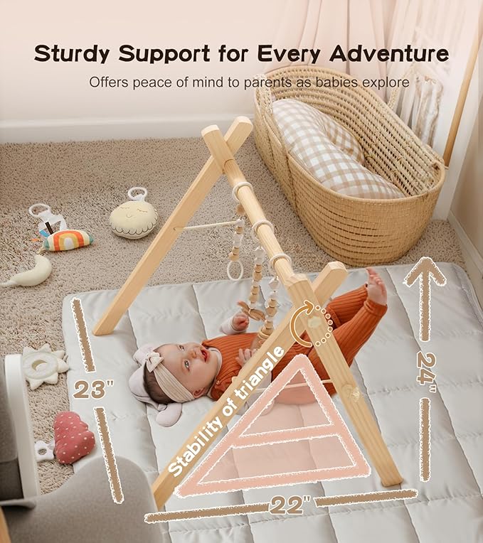 Baby Gym with Mat, Wooden Play Gym with 9 Sensory Toys, Foldable Baby Play GymFrame Activity Center, Natural Pine Wood, Montessori Toys, Easy to Assemble & Clean, Natural Color-CubbioJoy