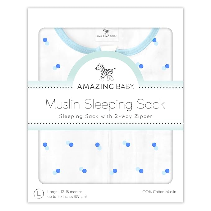 Amazing Baby Cotton Muslin Sleeping Sack, For Baby Boy or Girl, Wearable Blanket with 2-way Zipper, Dots, Blue, Small (0-6 Month)-CubbioJoy