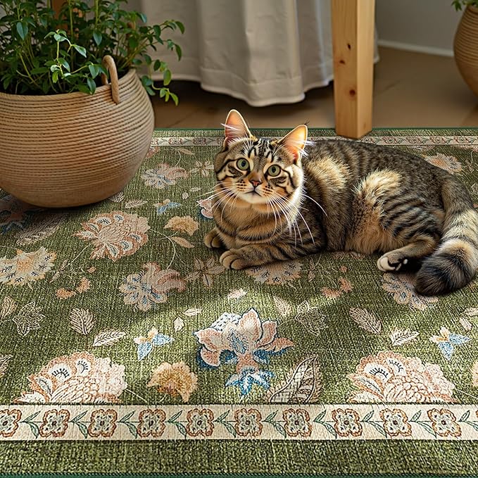 jinchan 3x5 Floral Rug for Entryway Washable Kitchen Rug Vintage Romance Design Small Mat Non Slip Indoor Doormat Lightweight Low-Profile Throw Carpet for Entrance Bathroom Laundry Room, Green-CubbioJoy