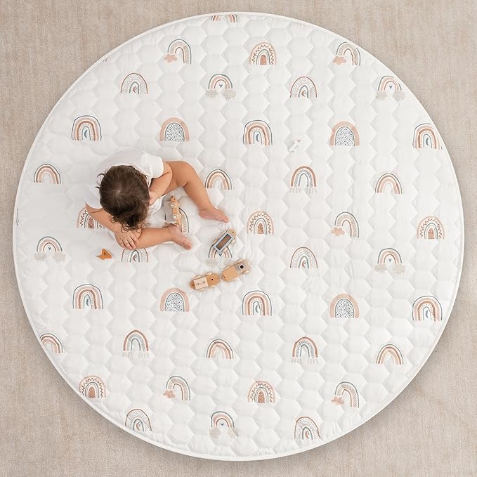 Comfy Cubs Round Kids Play Mat - Large 60 inches Soft Quilted Baby Floor Mat with Non-Slip Bottom - Plush Design for Toddlers' Playtime and Relaxation - Comfortable and Durable - Rainbow-CubbioJoy