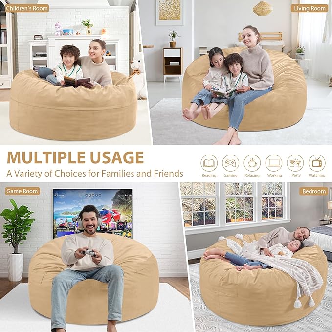 3FT Bean Bag Chair, Comfy Bean Bag Chairs with Memory Foam Filled, Fluffy Beanbag Sofa with Dutch Velvet Cover, Round BeanBag Chairs for Living Room, Playroom - Khaki-CubbioJoy