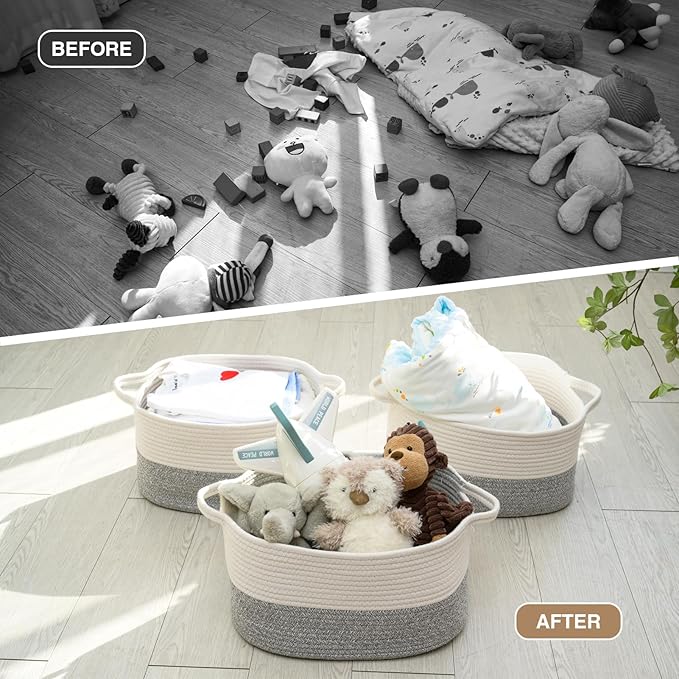 Cotton Rope Woven Storage Basket, Used for Baby Hamper Toy Organizer, Gift Baskets Empty,Kids Laundry Basket,Baby Blanket Basket. Size 15x10x8.7 Inches. (White&Grey-3PCS)-CubbioJoy