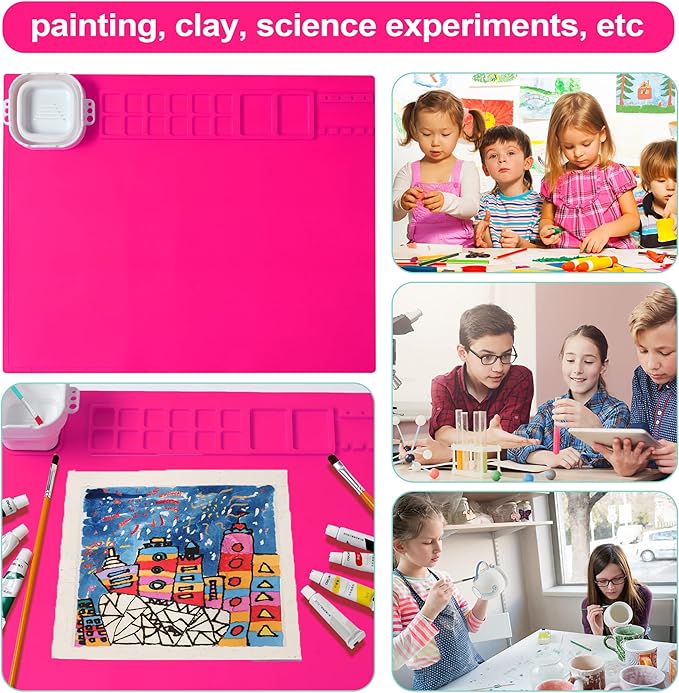 AWOKE Silicone Painting Mat - 20"X16" Silicone Art Mat with 1 Water Cup for Kids - Craft Mat has12 Color Dividers - 2 Paint Dividers (Rose)-CubbioJoy