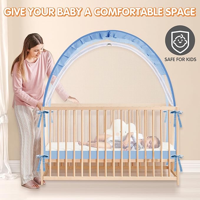 Crib Tent to Keep Baby from Climbing Out - Crib Net to Keep Baby in - Pop Up Breathable Cribs Cover - Canopy with Upgrade Strong Mesh and Durable Zipper (Blue, Lager)-CubbioJoy