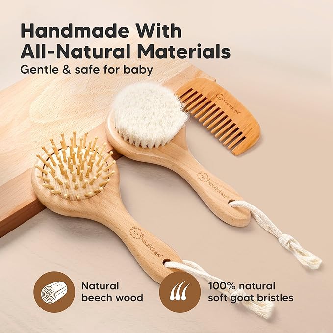 Baby Hair Brush and Comb Set for Newborn - Wooden Baby Hair Brush Set with Soft Goat Bristle, Baby Brush Set for Newborns, Baby Brush and Comb Set Girl, Boy, Toddler Cradle Cap Brush (Round, Walnut)-CubbioJoy