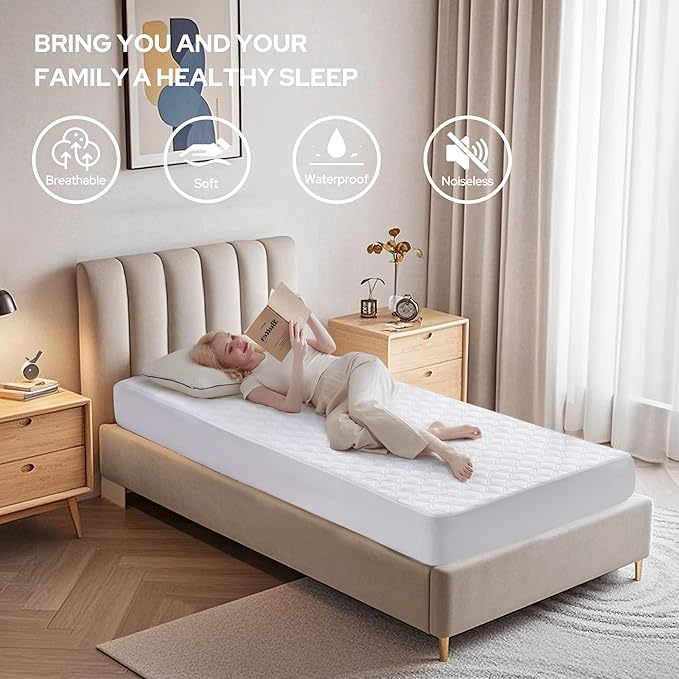 BEDLORE 2 Pack Waterproof Mattress Protector, Twin XL Size Mattress Pad with Deep Pocket Fitted Up to 6-15 inches, Soft Noiseless Single Bed Mattress Cover for Bedroom (White)-CubbioJoy