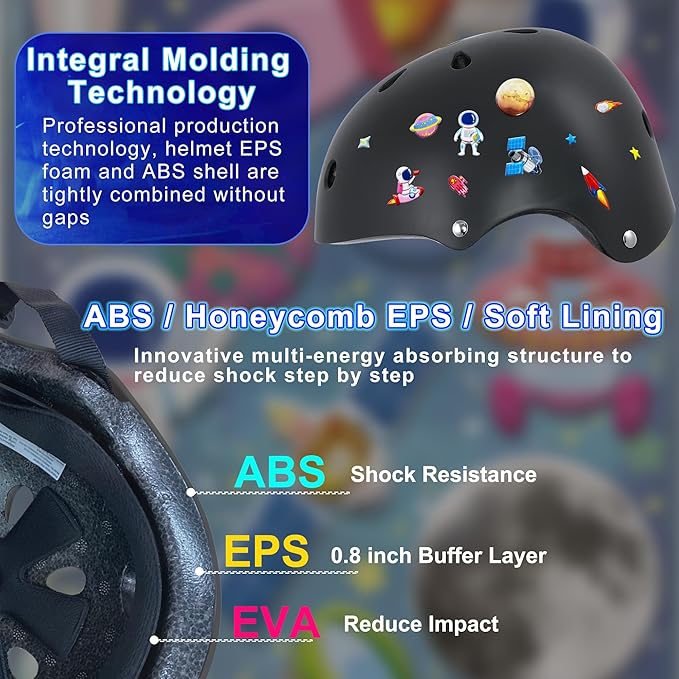 Kids Bike Helmet with DIY Stickers and Knee Pads Elbow Pads Wrist Guard Set for Ages 3-8-14 Toddler Boys Girls Helmet for Roller Skates Cycling Skateboarding Bicycle Scooter-CubbioJoy