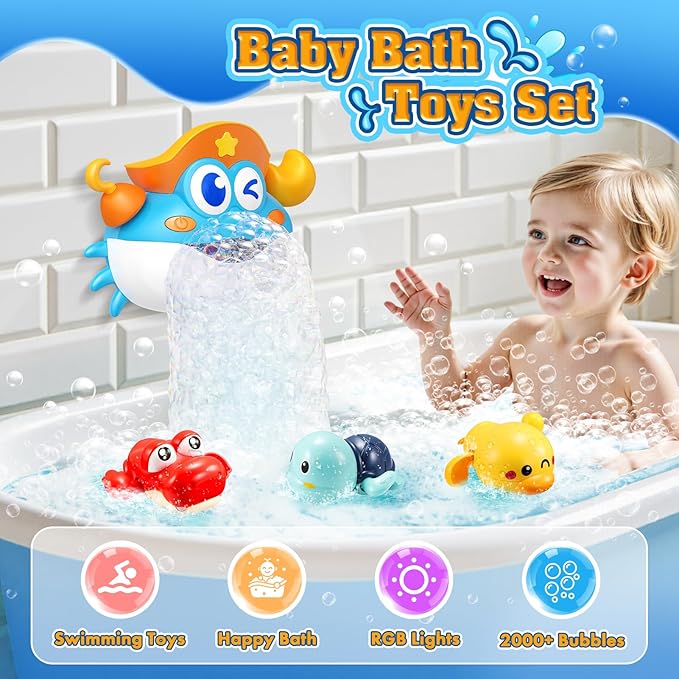 Baby Bath Toys,Light Up Crab Bubble Machine Blower with LED Lights,3 Cute Wind-Up Bath Toys for Kids Ages 1-3 4-8 Toddler Bathub Toy Great Birthday Gifts for Kids-CubbioJoy