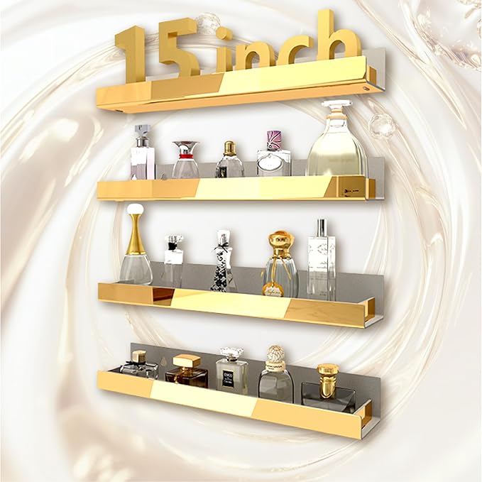 4 Pack 15 Inch Gold Reflective Acrylic Shelves, Gold Foating Shelves, Modern Sunglasses Essential Oil Picture Ledge Display Toy Storage Shelf-CubbioJoy