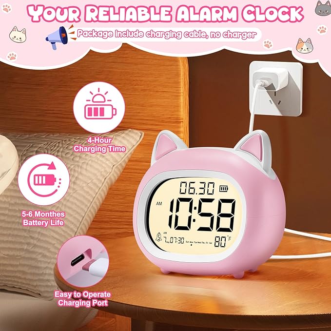 Kids Alarm Clock with Night Light for Kids, Small Digital Alarm Clocks for Bedrooms, Routine Builder, Cute Cat Alarm Clock with Sleep Training, Snooze, 12/24H, Date & Day, Temperature, USB Port-CubbioJoy