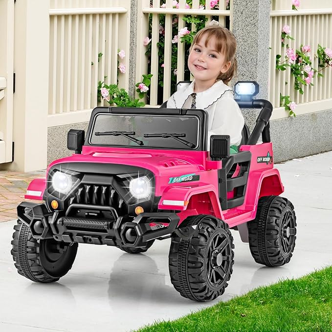 Costzon 12V Kids Ride on Truck Car, Electric Vehicle w/Remote Control, Threaded Wheels, 3 Speeds, LED Lights, Music, Horn & Wireless Connection, Battery Powered Ride on Toy for Boys & Girls 3+ (Pink)-CubbioJoy